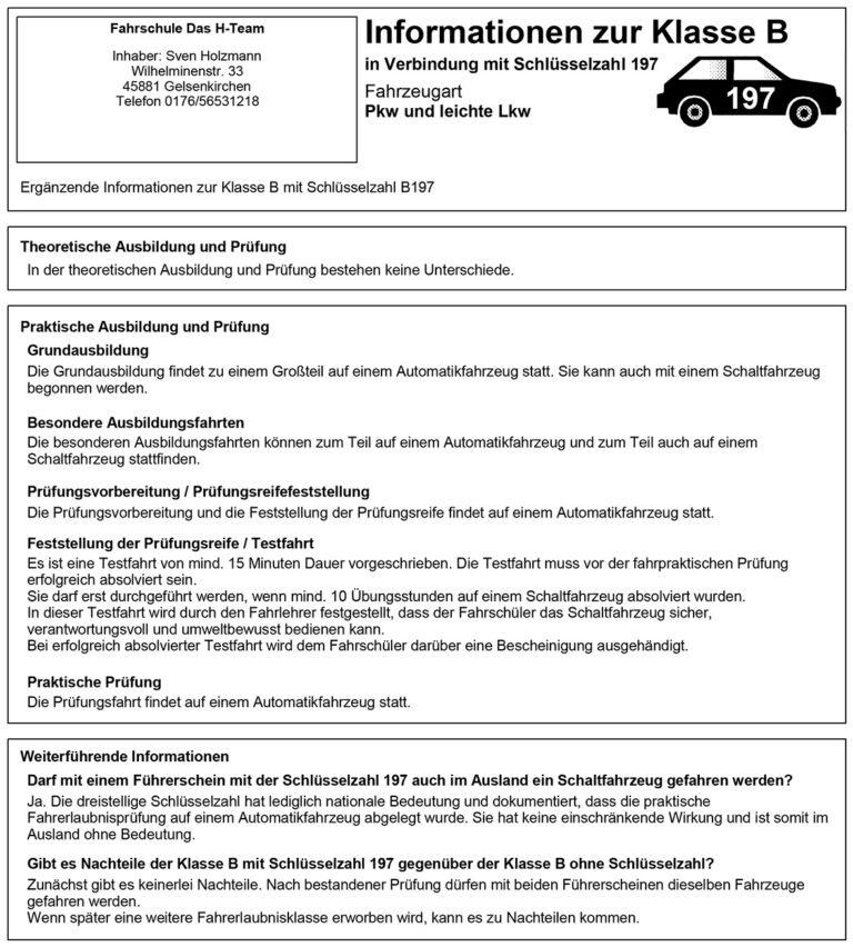 Information PKW Klasse B197